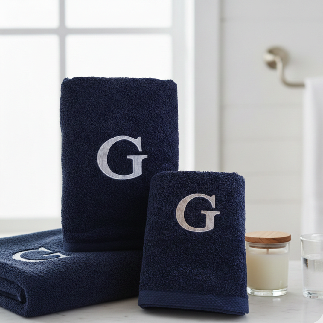 Premium Handtuch -  Mit edler Stickerei Buchstabe "G" - Vielseitig, Nachhaltig, Saugstark & Schnelltrocknend - 100% Baumwolle - Marinenblau