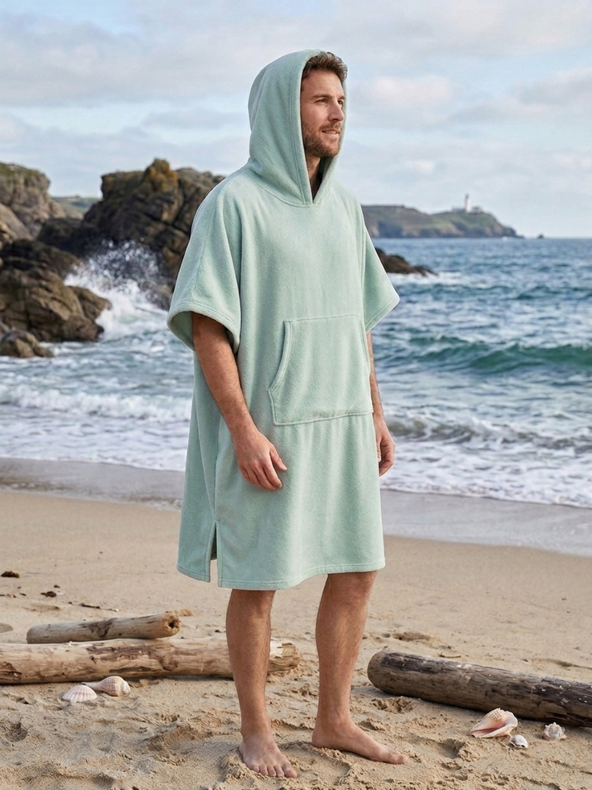 Men's poncho with hood made of 100% cotton 
