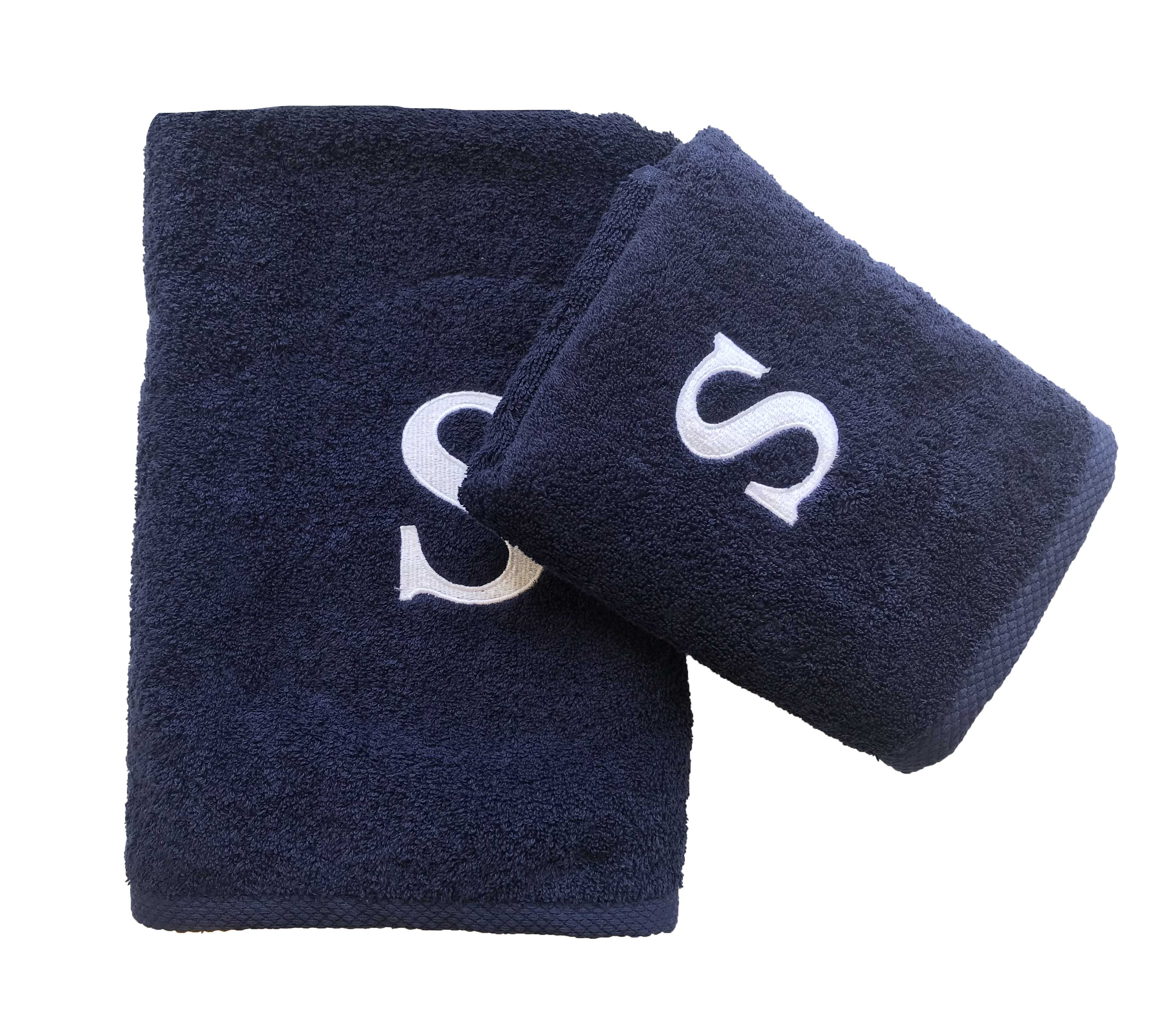 Serviette haut de gamme - avec élégante lettre "S" brodée - polyvalente, durable, absorbante et à séchage rapide - 100 % coton - bleu marine 