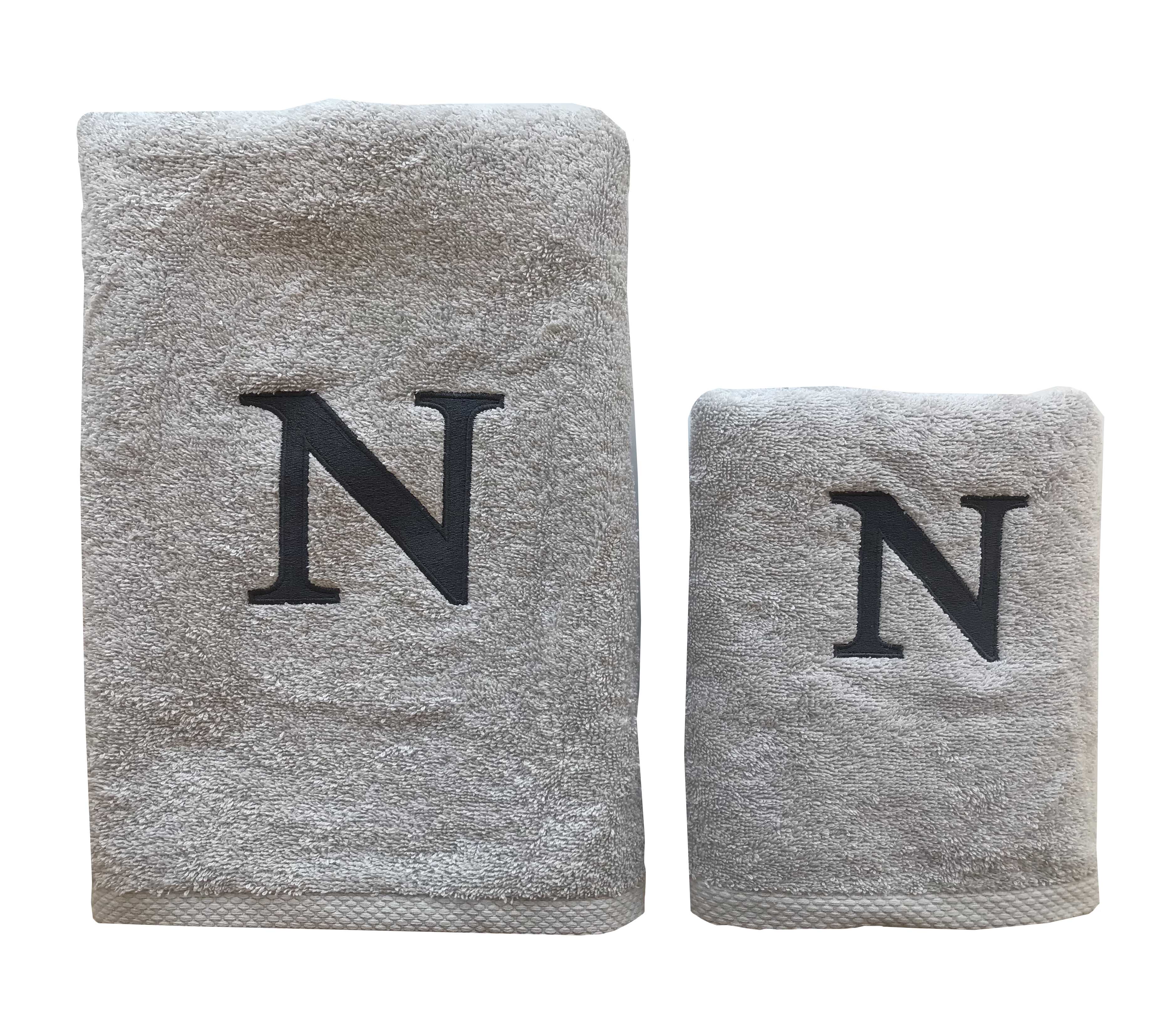 Premium Handtuch -  Mit edler Stickerei Buchstabe "N" - Vielseitig, Nachhaltig, Saugstark & Schnelltrocknend - 100% Baumwolle - Grau
