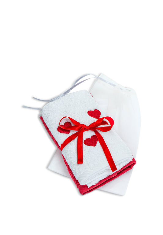 Handtuch 2'er Set -  mit Herzchen Stickerei auf weißem Tuch - 100% Baumwolle - Gästetuch (30x50 cm)  LMS-6557 Red/White Rot/Weiß