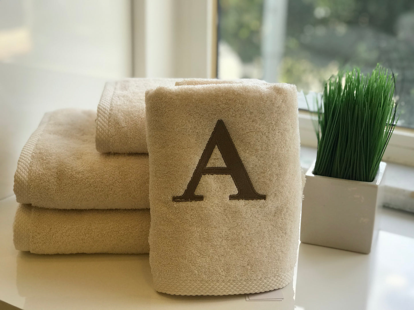 Premium towel - With elegant embroidery letter "A" - Versatile, sustainable, absorbent &amp; quick-drying - 100% cotton - Ecru 