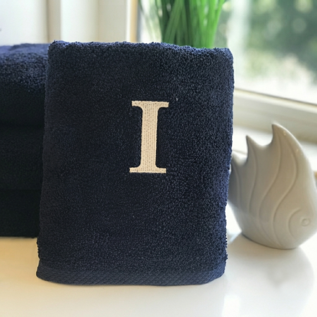 Premium Handtuch -  Mit edler Stickerei Buchstabe "I" - Vielseitig, Nachhaltig, Saugstark & Schnelltrocknend - 100% Baumwolle - Marinenblau
