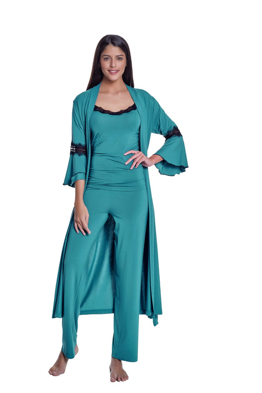 Exclusives Damen Pyjama mit Morgenmantel aus Bambus viskose LMS-6046 Green Grün