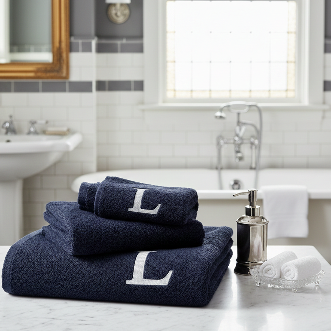 Premium Handtuch -  Mit edler Stickerei Buchstabe "L" - Vielseitig, Nachhaltig, Saugstark & Schnelltrocknend - 100% Baumwolle - Marinenblau