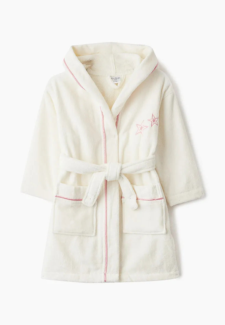 Kinder Bademantel mit Kapuze aus Velour – Modell 6189 (Creme/Rosa)
