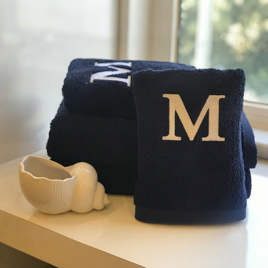 Premium Handtuch -  Mit edler Stickerei Buchstabe "M" - Vielseitig, Nachhaltig, Saugstark & Schnelltrocknend - 100% Baumwolle - Marinenblau