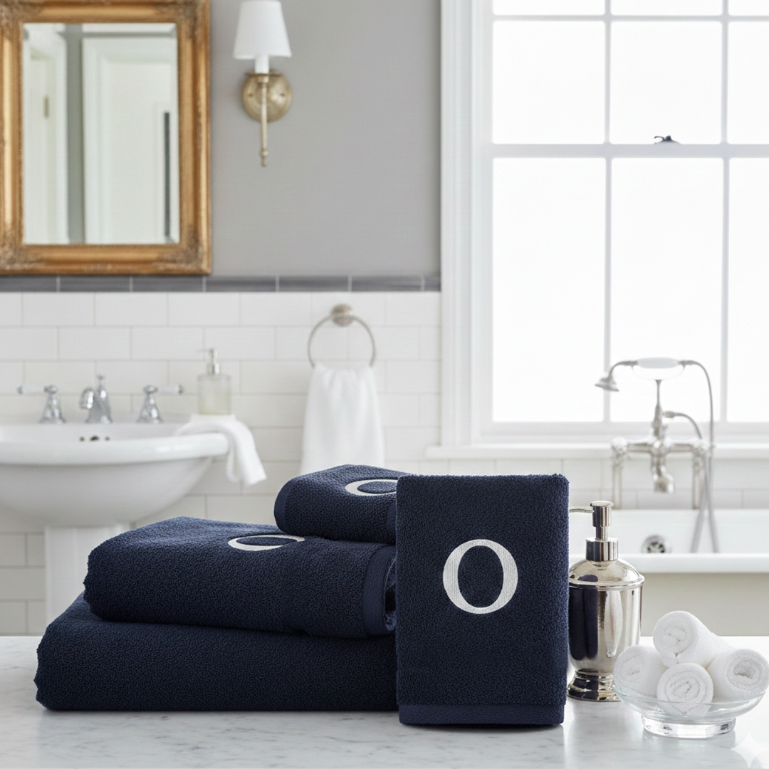 Premium Handtuch -  Mit edler Stickerei Buchstabe "O" - Vielseitig, Nachhaltig, Saugstark & Schnelltrocknend - 100% Baumwolle - Marinenblau