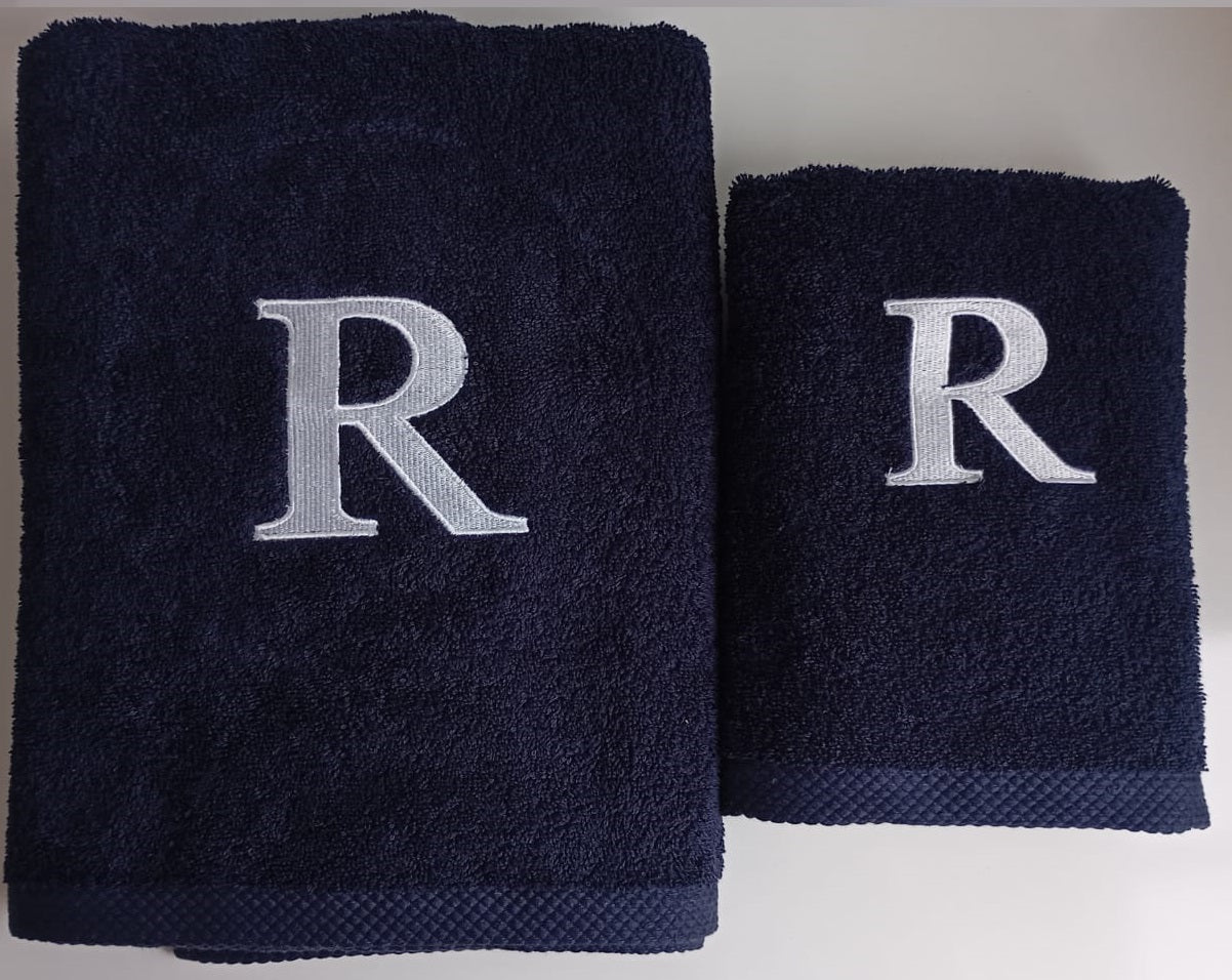 Premium towel - With elegant embroidery letter "R" - Versatile, sustainable, absorbent &amp; quick-drying - 100% cotton - Navy blue 