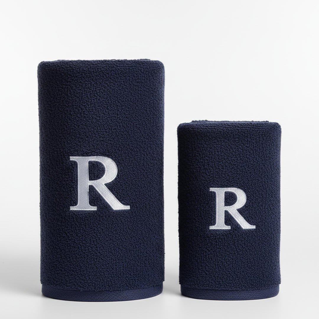 Premium Handtuch -  Mit edler Stickerei Buchstabe "R" - Vielseitig, Nachhaltig, Saugstark & Schnelltrocknend - 100% Baumwolle - Marinenblau
