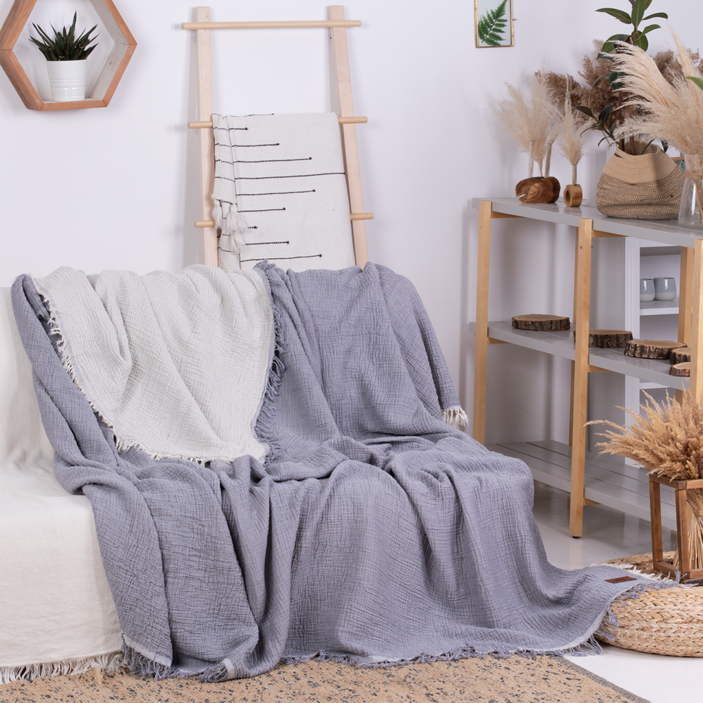 Couvre-lit en mousseline de qualité supérieure 240x260 cm - 100 % coton - couverture en coton extra doux comme couverture câline, jeté de lit, jeté de canapé, jeté de canapé - couverture de canapé chaude