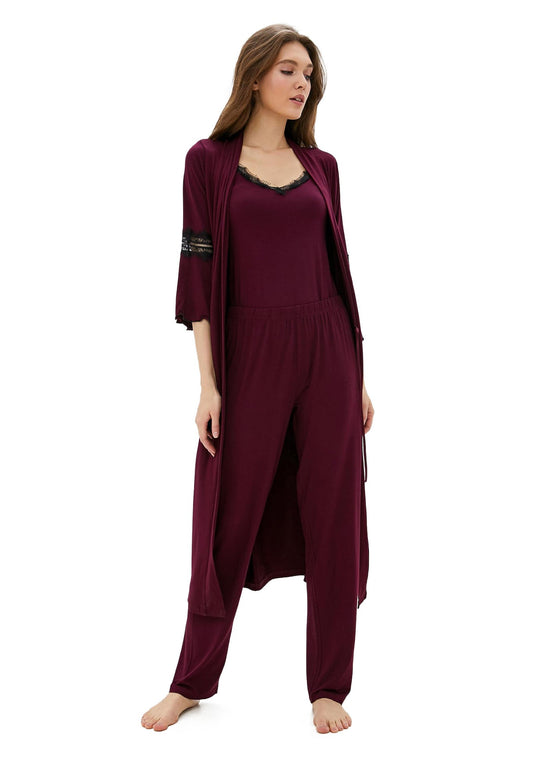 Exclusives Damen Pyjama mit Morgenmantel aus Bambus viskose LMS-6046 Redwine Weinrot
