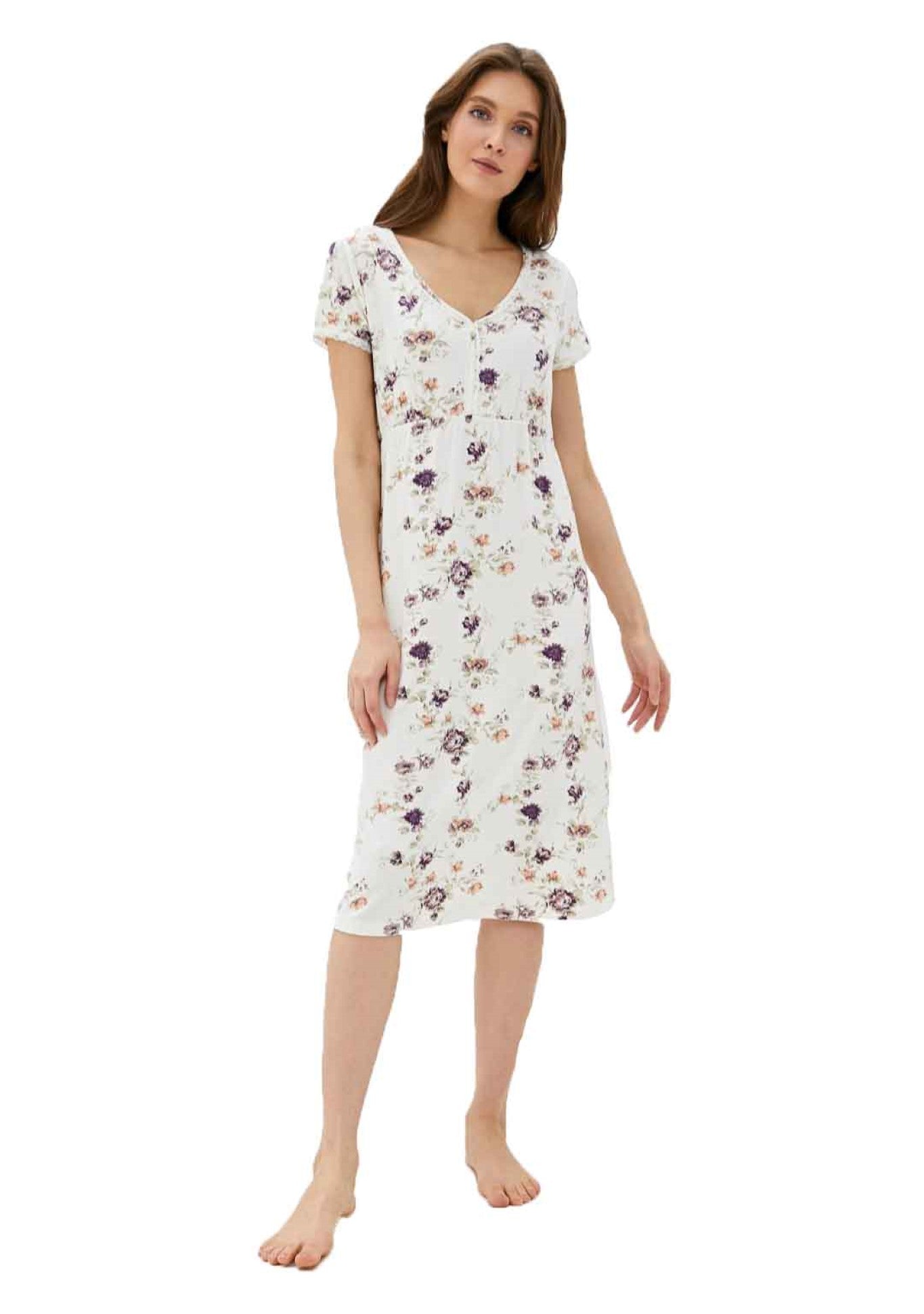 Exklusives Nachtkleid Damen Nachthemd mit floralem Design - V-Ausschnitt LMS-6039
