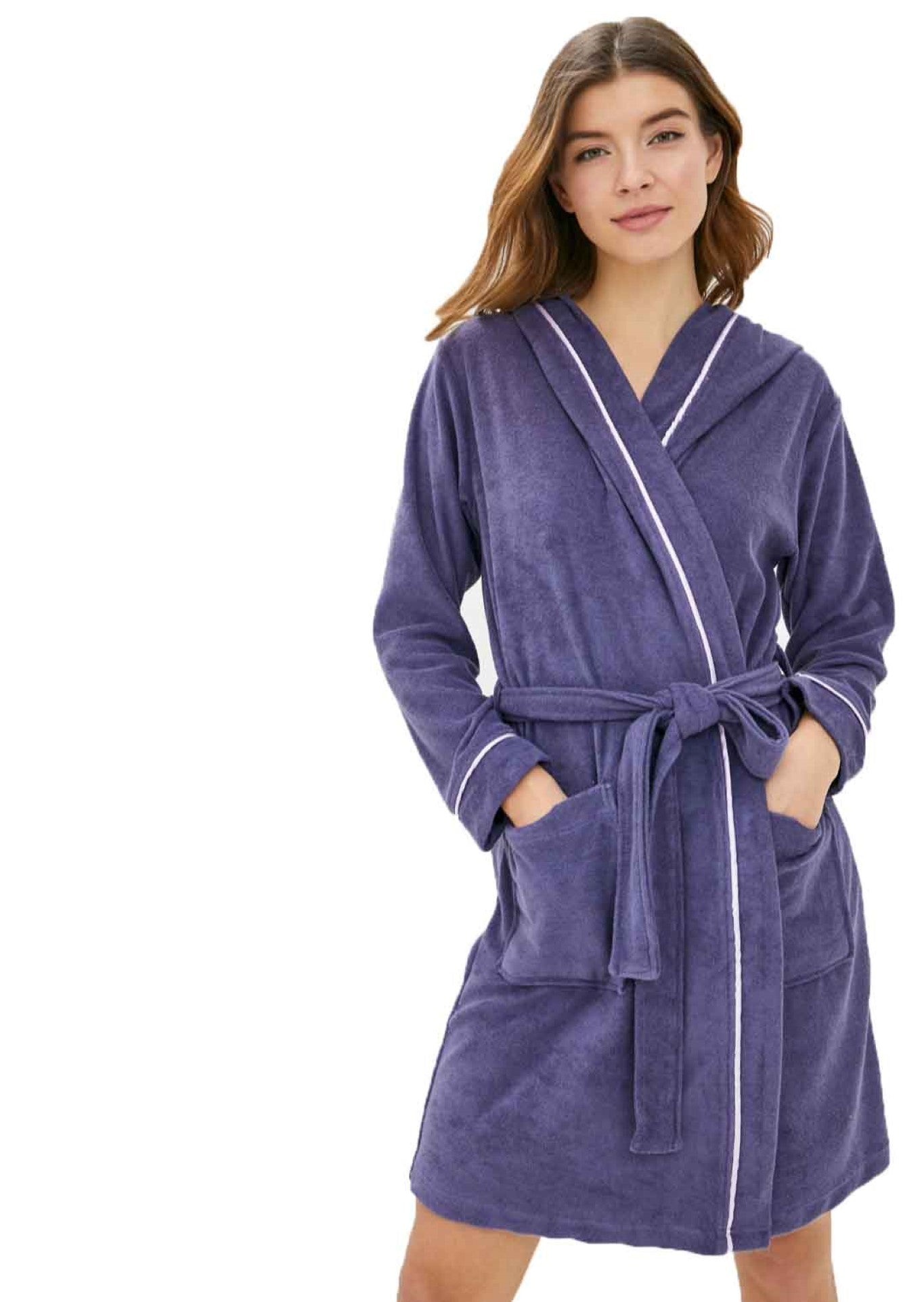 Damen Bademantel aus Velour mit Kapuze und kontrastfarbigem Einfassband