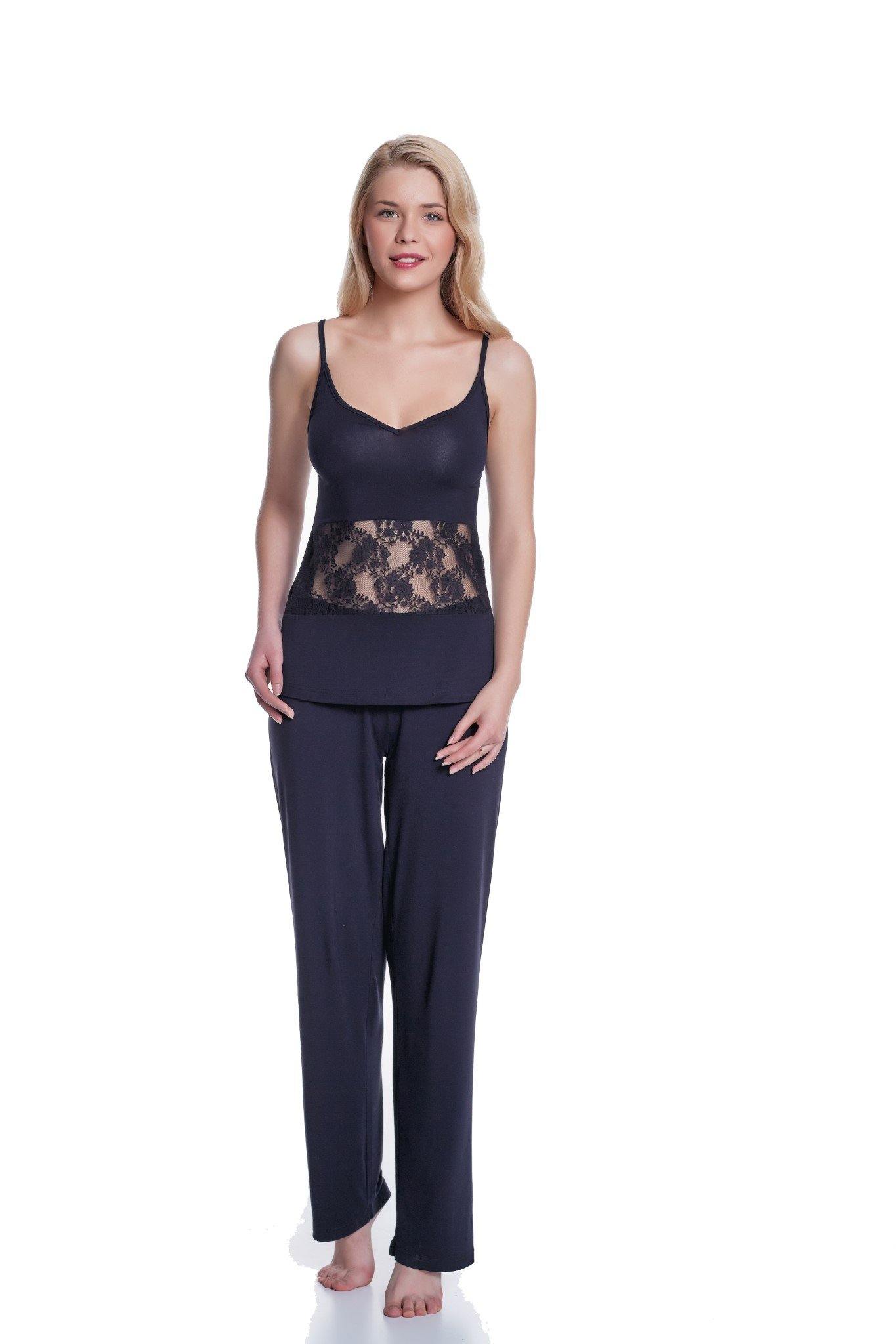Luxuriöse 2teilige Damen pyjama set, Veredelung mit einer Spitze an der Taille mit Spaghetti-träger - Luisa Moretti